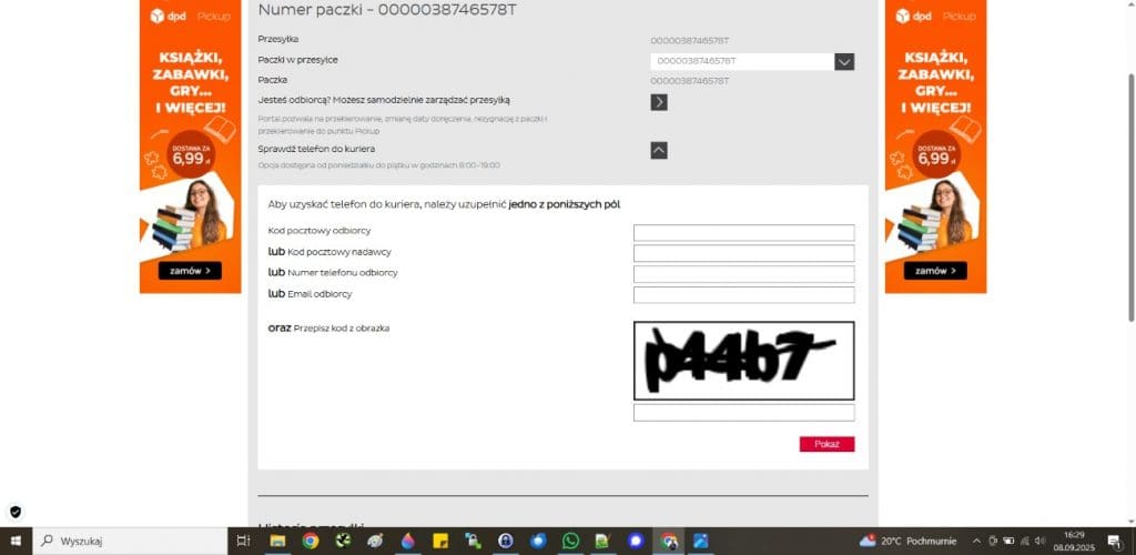 numer do kuriera dpd - wypełnij pole